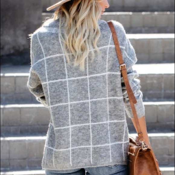 Winter Favorites: Checked Gray Cowl Neck Sweater - Picture 2 of 6